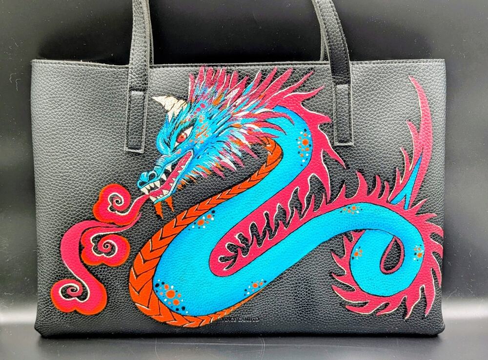 Azure Dragon | Hand-Painted Vince Camuto Tote | One-of-a-Kind Wearable Art